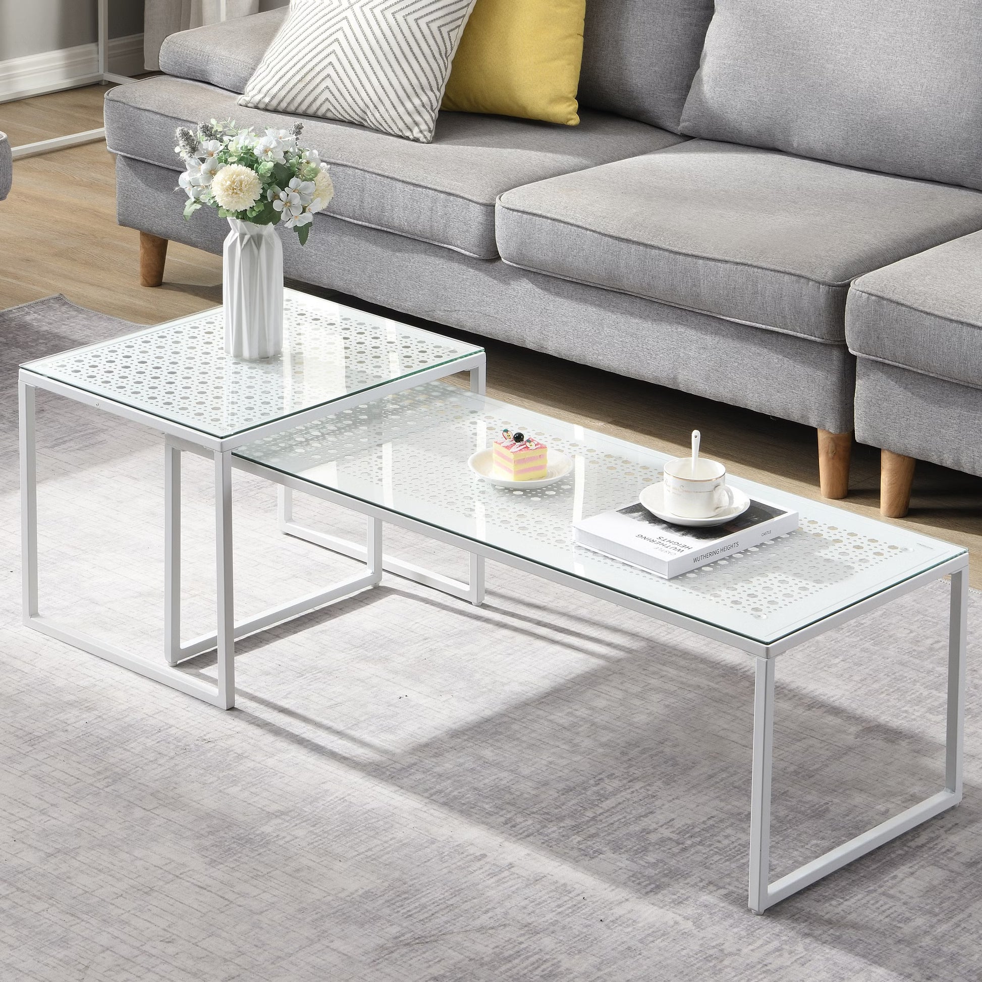 Nancy's Predazzo Salontafel Set - Koffietafels - Bijzettafels - Wit - Glas / Staal