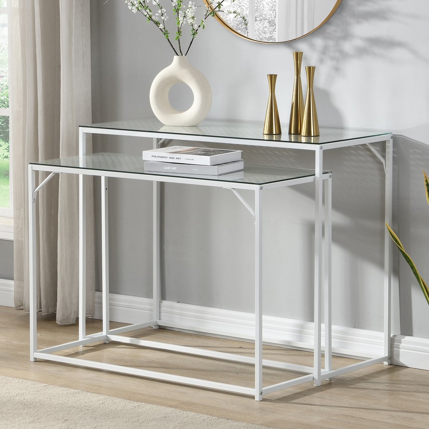 Nancy's Predoi Sidetables Set - Consoletafels - Haltafels - Set van 2 - Wit - Staal / Glas