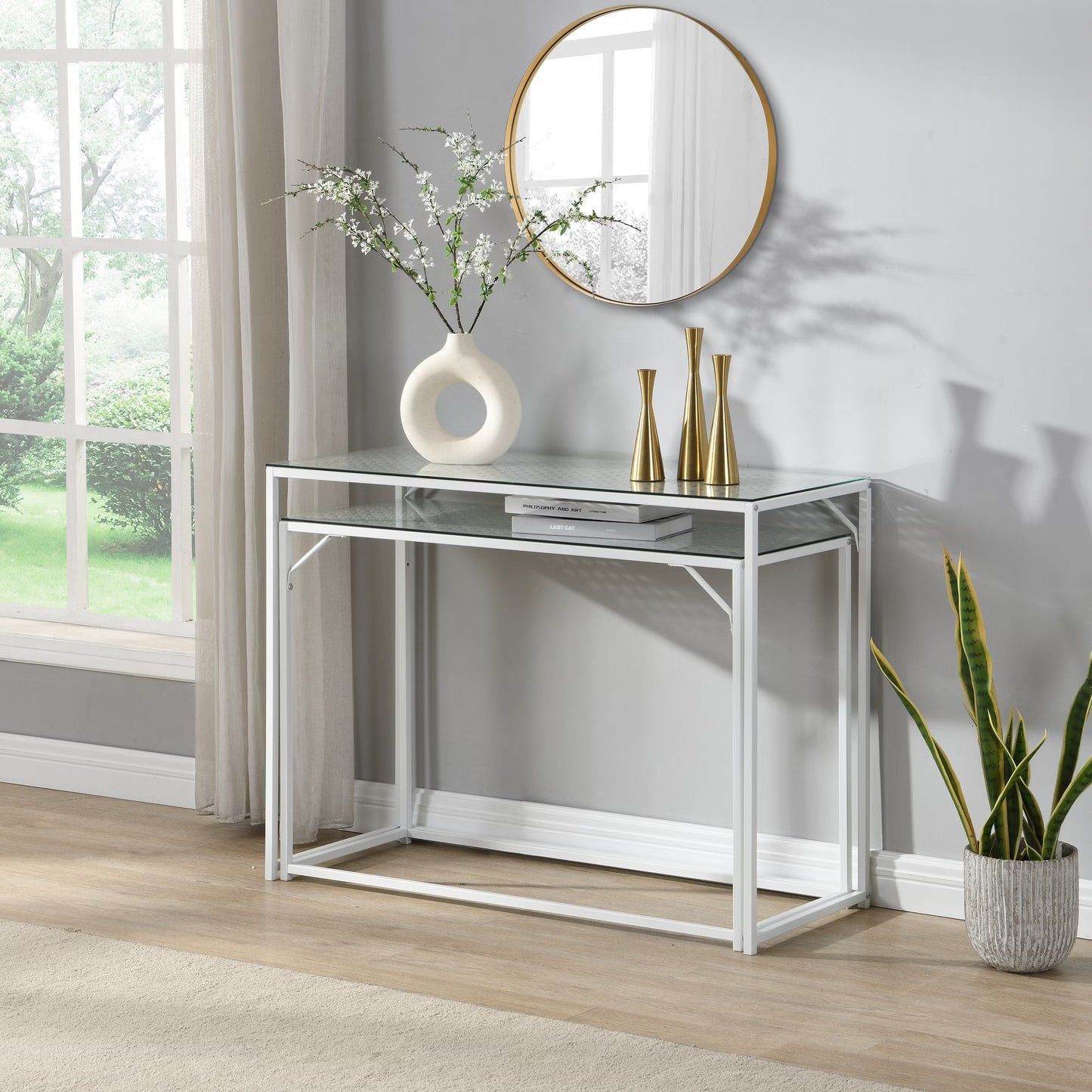 Nancy's Predoi Sidetables Set - Consoletafels - Haltafels - Set van 2 - Wit - Staal / Glas