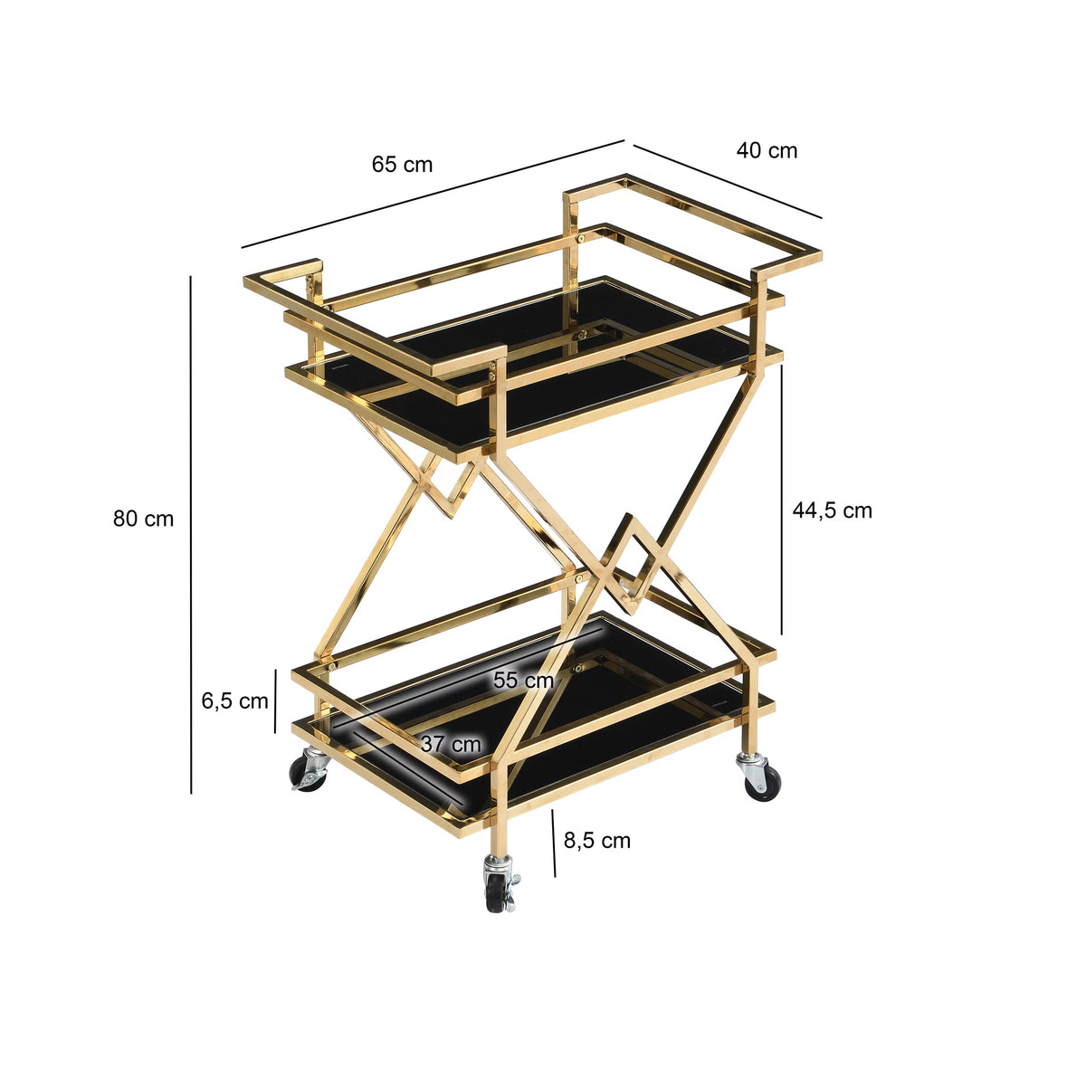 Nancy's Preganziol Trolley - Serveerwagen - Goud - Glas / Staal - 65 x 40 x 80 cm