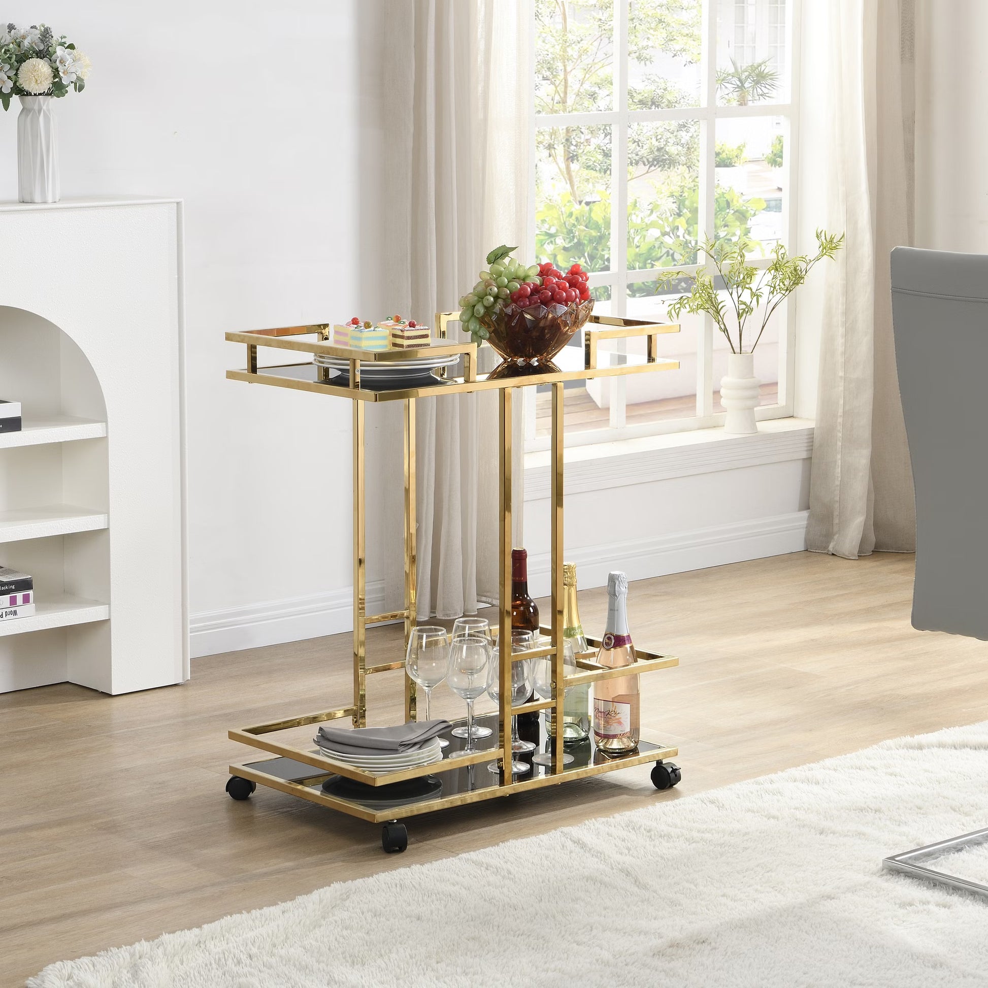 Nancy's Pregasina Serveerwagen - Trolley - Goud - Glas / Staal - ± 65 x 45 x 80 cm