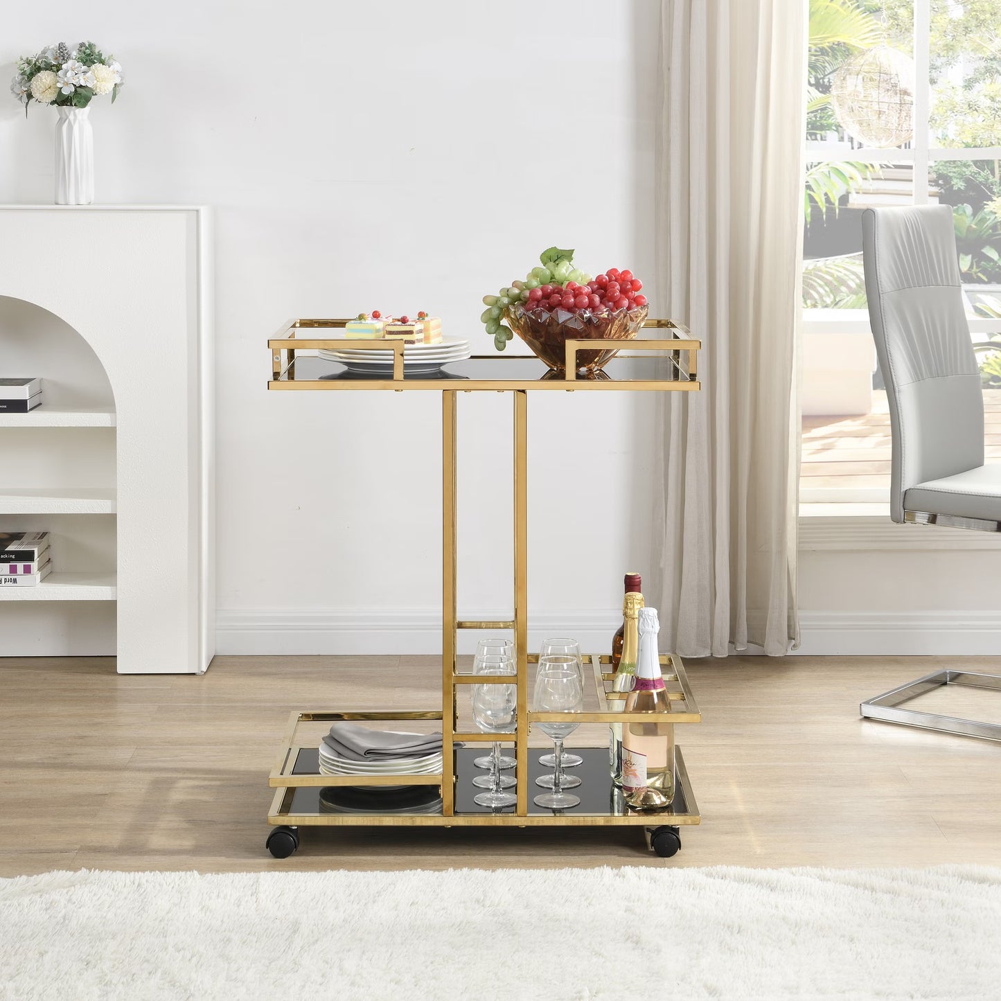 Nancy's Pregasina Serveerwagen - Trolley - Goud - Glas / Staal - ± 65 x 45 x 80 cm