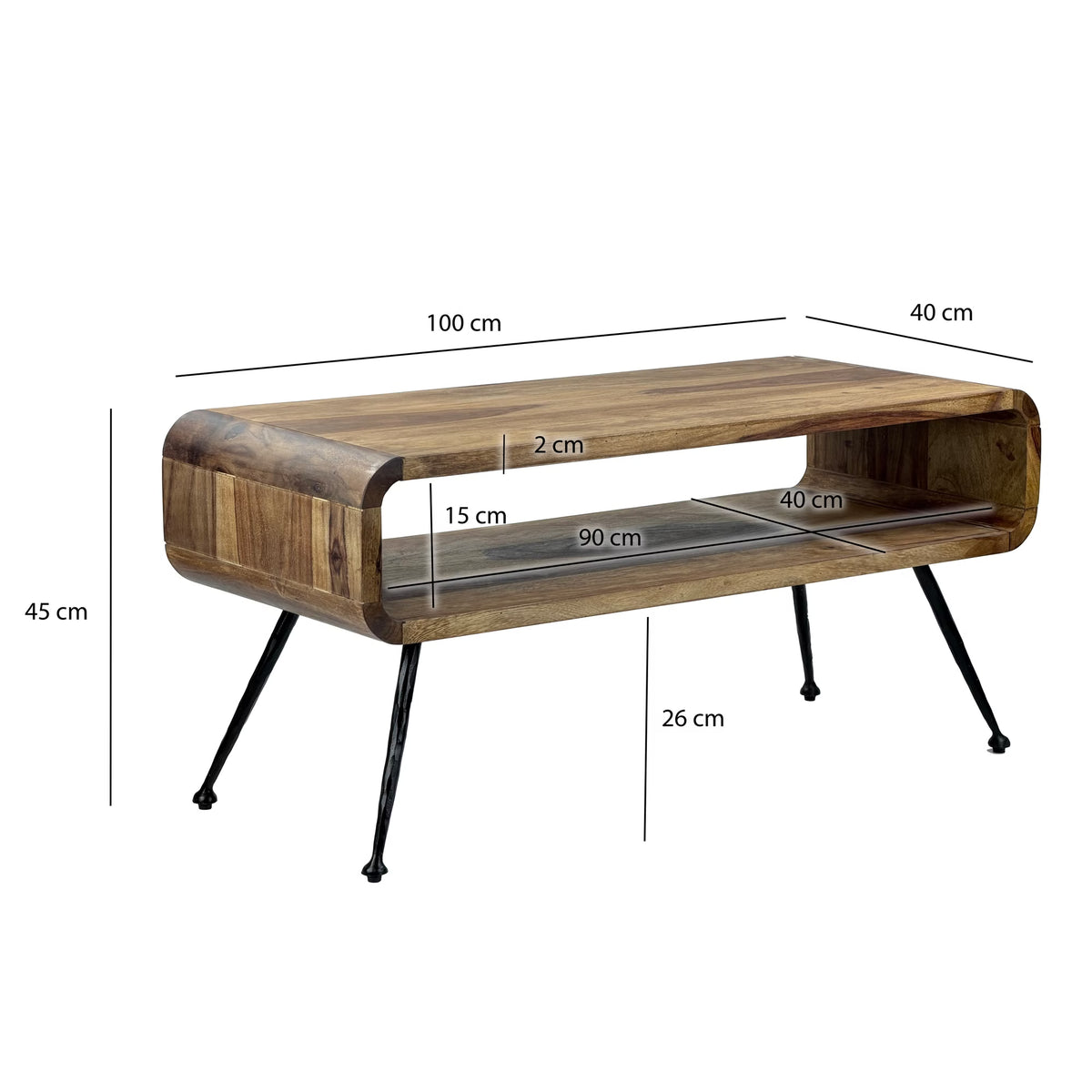 Nancy's Vaggio Salontafel - Koffietafel - Praktisch opbergvak - Massief Sheeshamhout - 100 x 45 x 40 cm