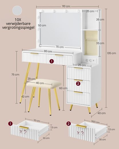 Nancy's Pinzolo Kaptafel met krukje - Make Up Tafel - Spiegel met LED Verlichting - Wit - 110 x 40 x 135 cm
