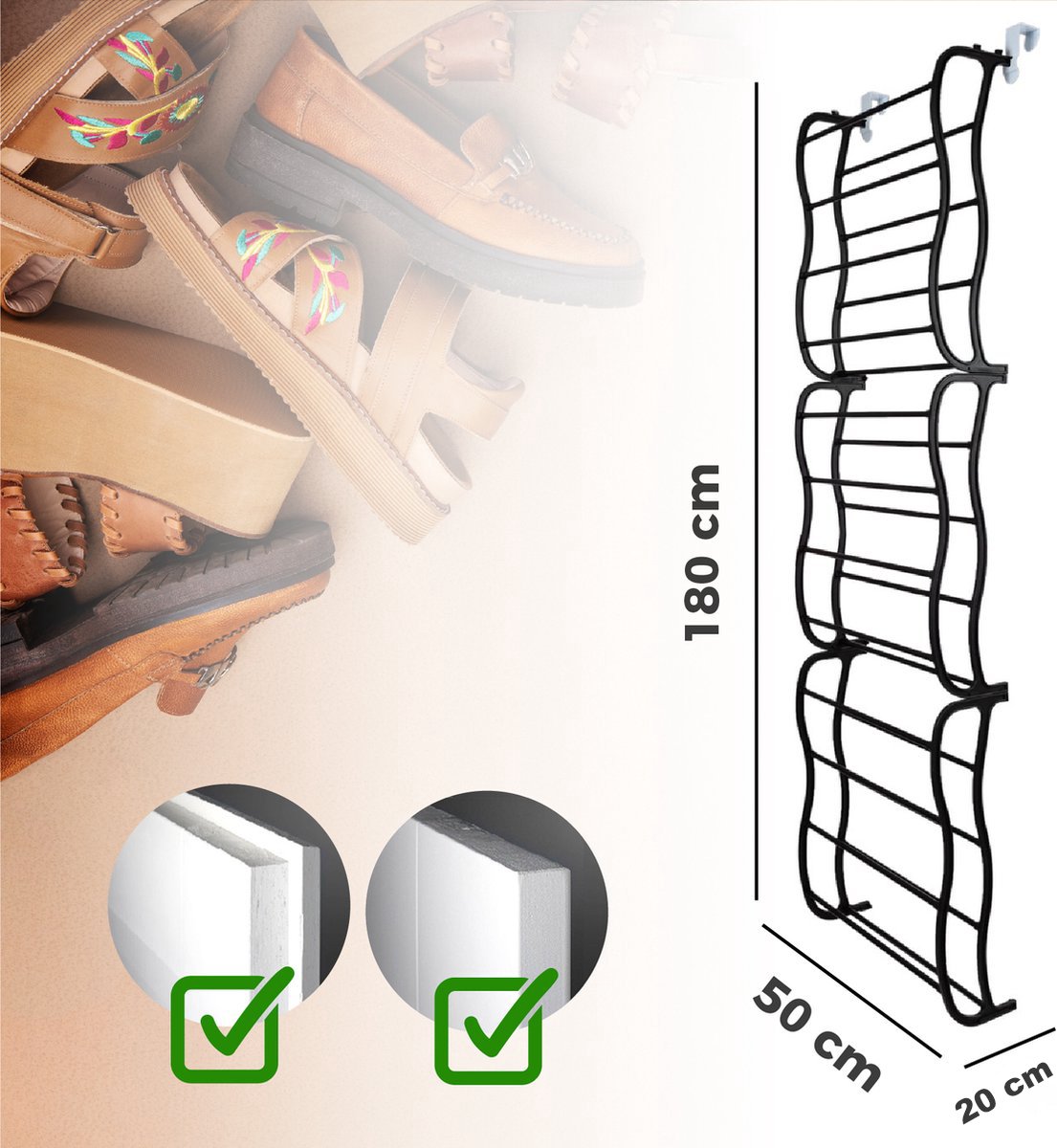 Étagère à chaussures suspendue verte LG Life's, noire, adaptée aux portes affleurantes et à feuillure 