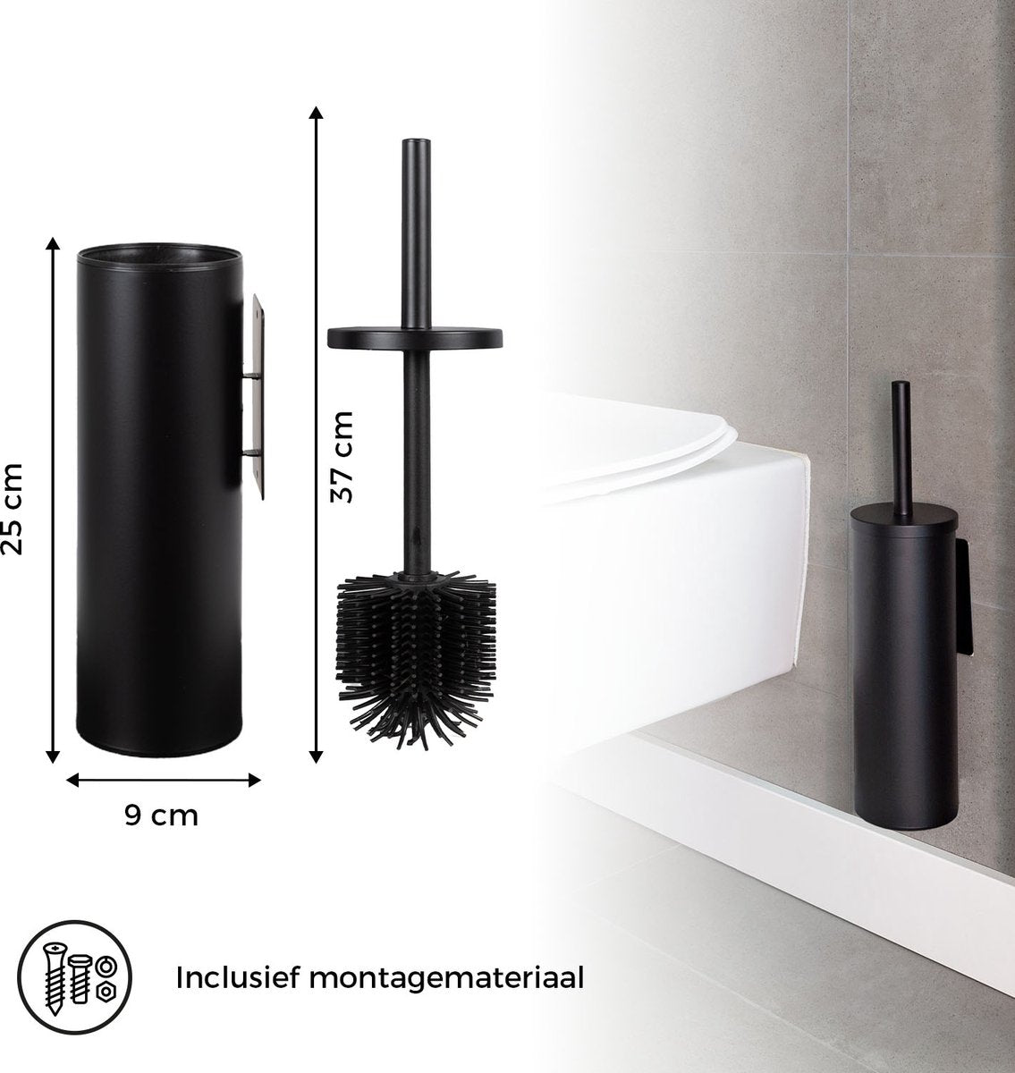 Eleganca Siliconen toiletborstel wandmontage Zwart
