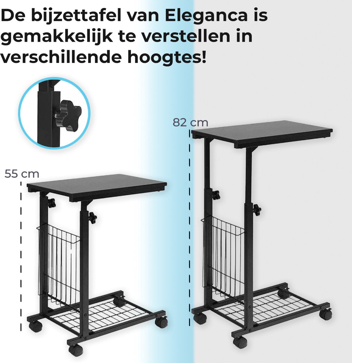 Eleganca Verstelbare bijzettafel op wielen Zwart