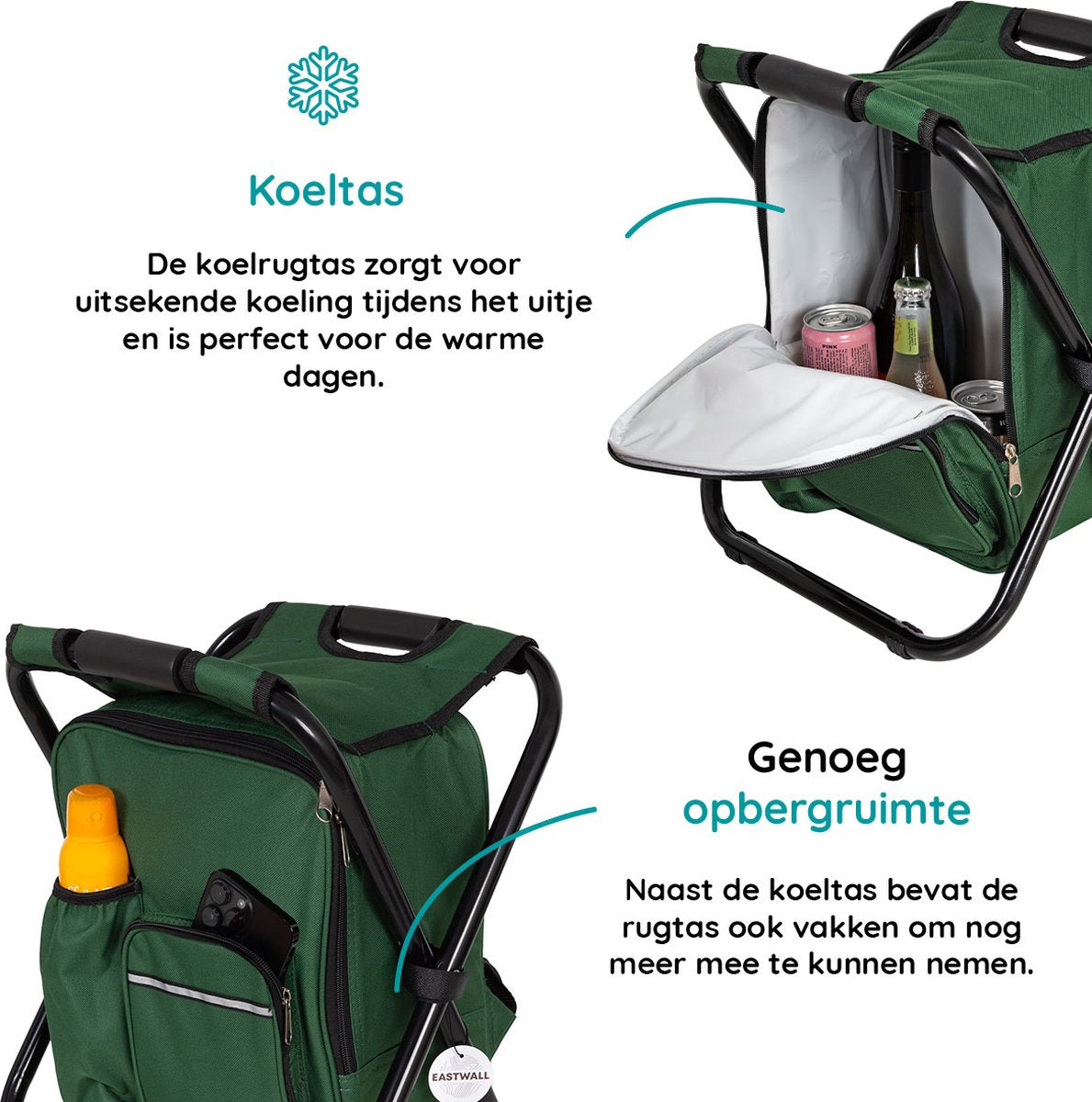 EASTWALL Relaxy 3 in 1 Rugzak vouwkruk met koeltas Groen