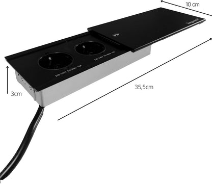 Cache coulissant pour prise de bureau Xergonomic avec 2 prises et 2 ports USB Noir