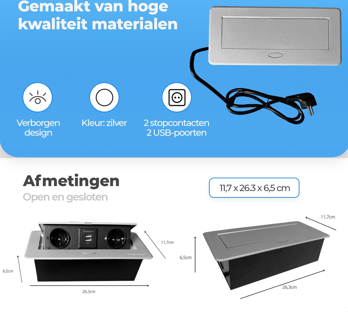 Prise de bureau Xergonomic avec 2 prises et 2 ports USB Argent