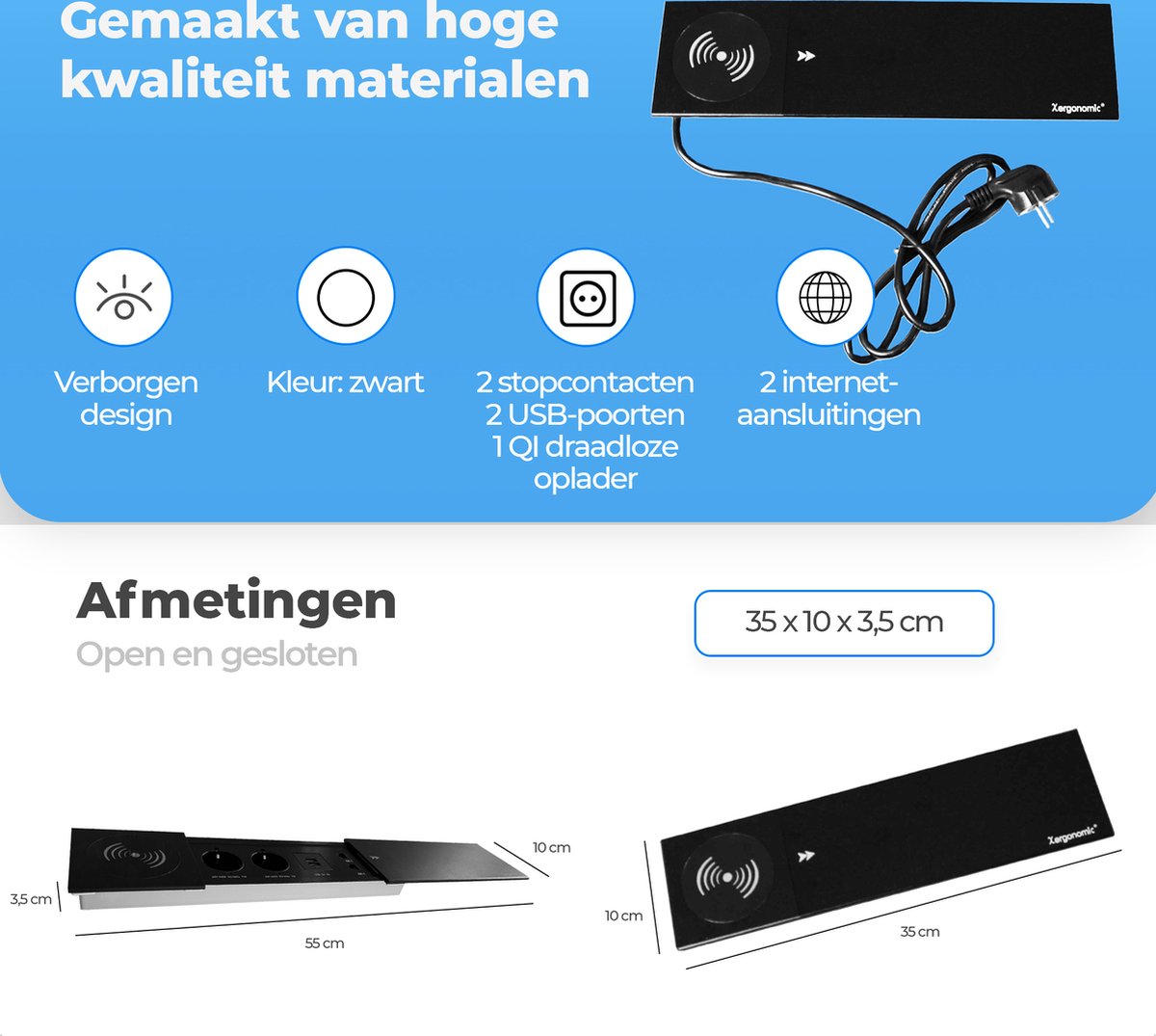 Xergonomic Bureaustopcontact met QI draadloze oplader, 2 internetaansluitingen, 2 stopcontacten en 2 USB-poorten Zwart