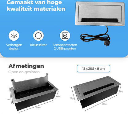 Xergonomic Bureaustopcontact met 3 stopcontacten en 2 USB-poorten Zilver