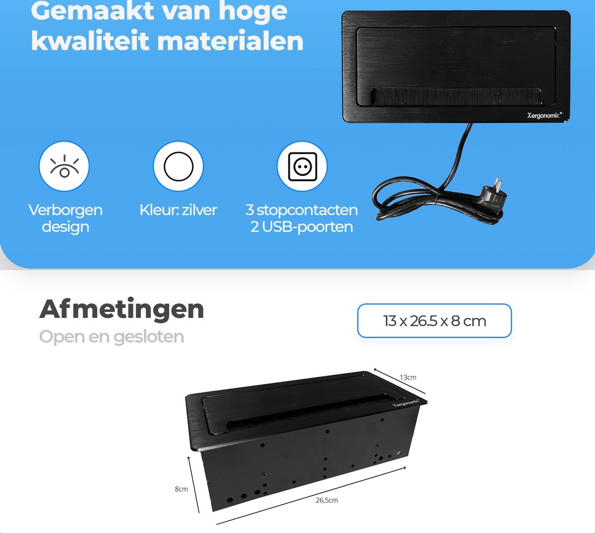 Xergonomic Bureaustopcontact met 3 stopcontacten en 2 USB-poorten Zwart