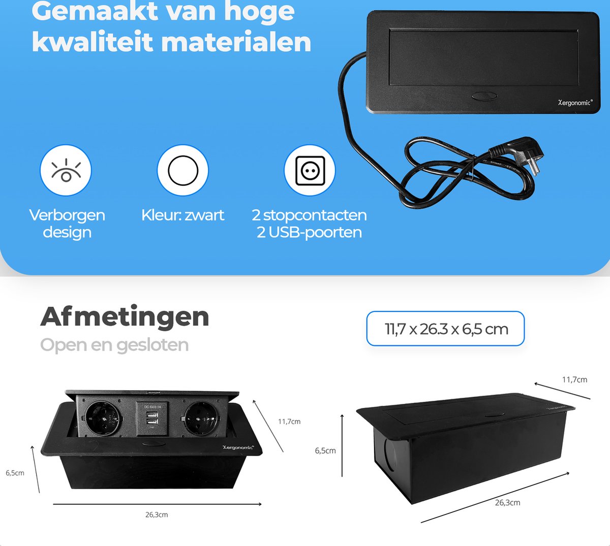 Xergonomic Bureaustopcontact met 2 stopcontacten en 2 USB-poorten Zwart