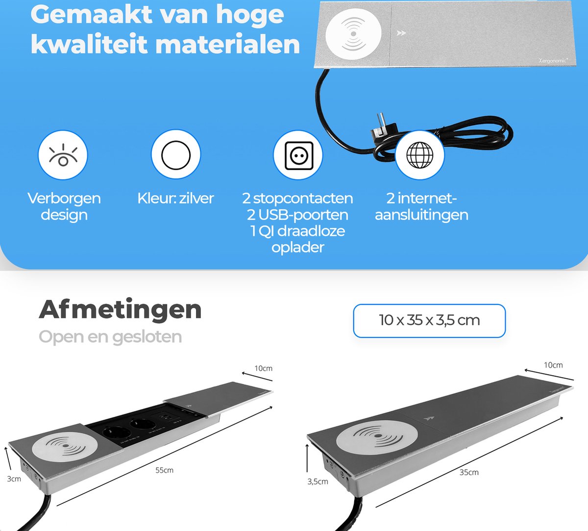 Xergonomic Bureaustopcontact met QI draadloze oplader, 2 internetaansluitingen, 2 stopcontacten en 2 USB-poorten Zilver