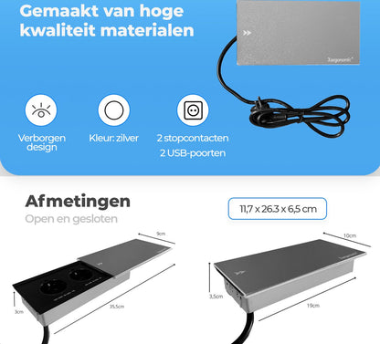 Xergonomic Desk socket sliding cover with 2 sockets and 2 USB ports Silver