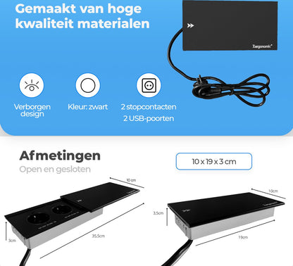 Xergonomic Bureaustopcontact schuifklep met 2 stopcontacten en 2 USB-poorten Zwart