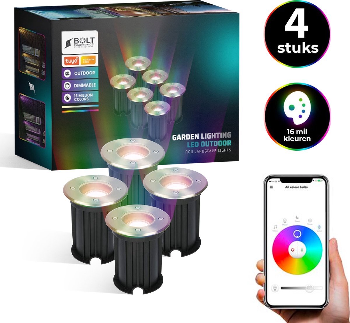Bolt Electronics® RGB LED Ground spotlights with app control, 4 pieces
