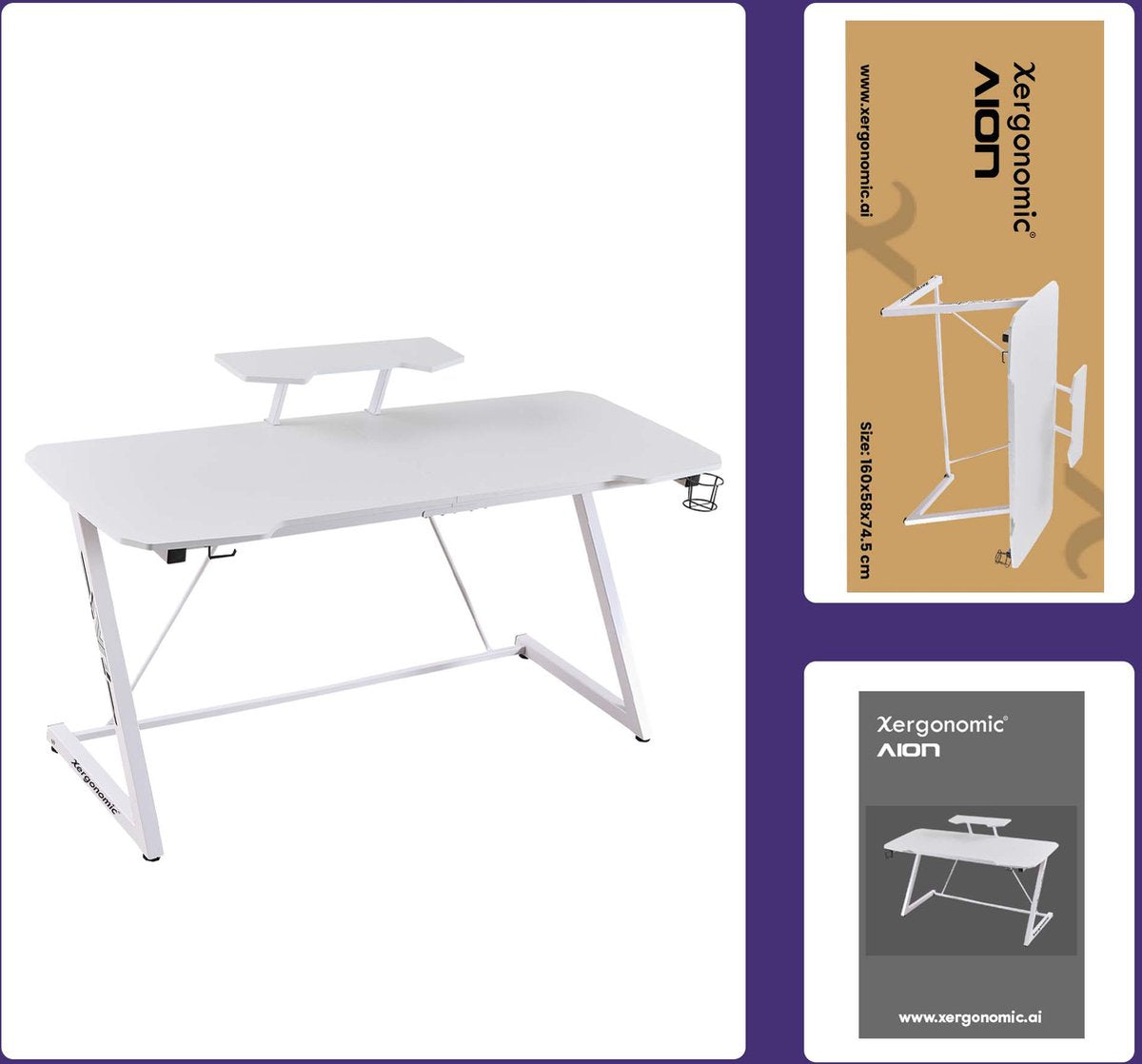 Xergonomic Morpheus SubzeroGame bureau - Gaming desk - Game tafel met koptelefoonhouder, bekerhouder & monitorstandaard - Carbon Fiber Coated Toplaag - D58xB160xH74,5-92 cm - Wit