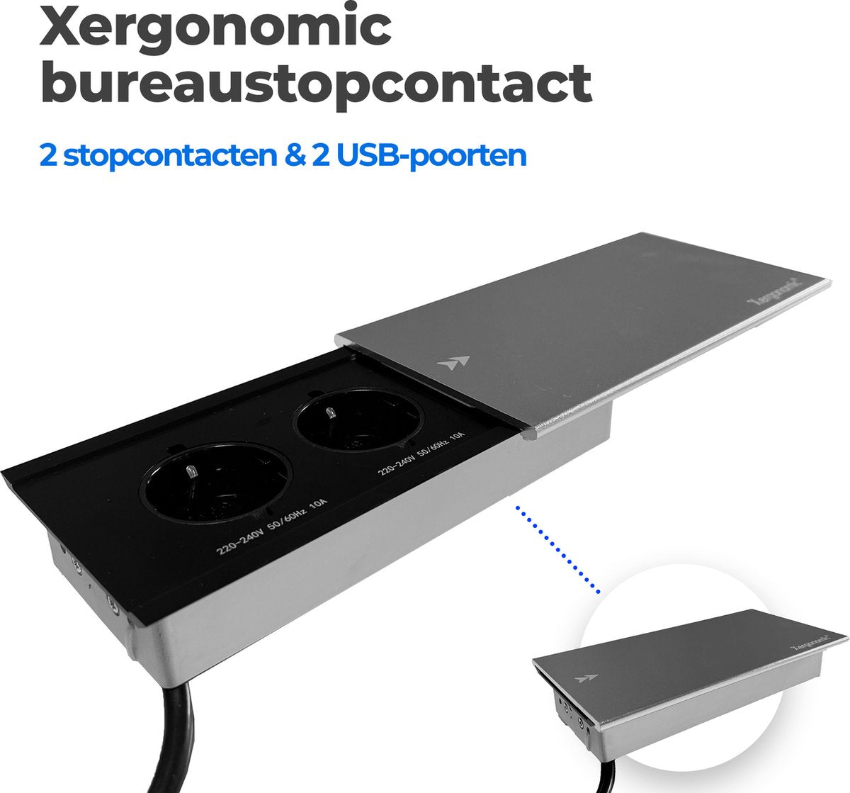 Cache coulissant pour prise de bureau Xergonomic avec 2 prises et 2 ports USB Argent