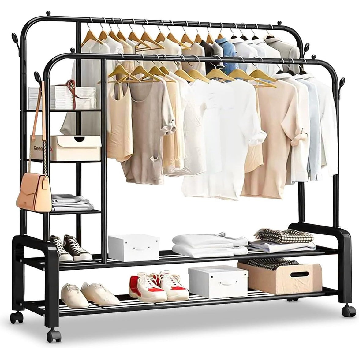 Eleganca Kledingrek XL - Garderoberek - Kledingstang - 2 Stangen en 4 Ophanghaken - Zwart - Staal - 150 x 50 x 162 cm