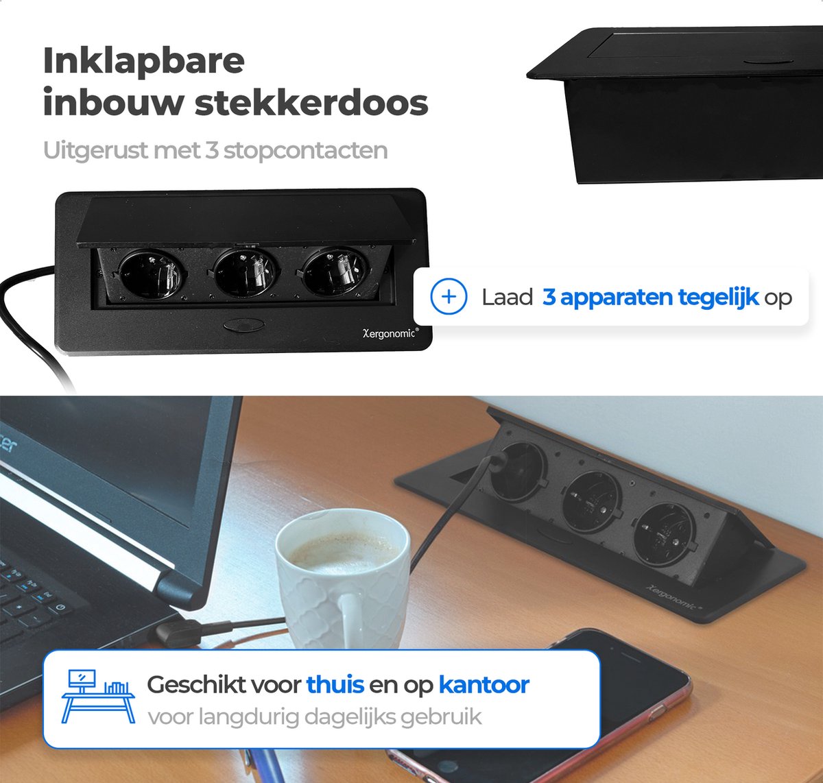 Xergonomic Inbouw bureaustopcontact voor 3 stekkers Zwart