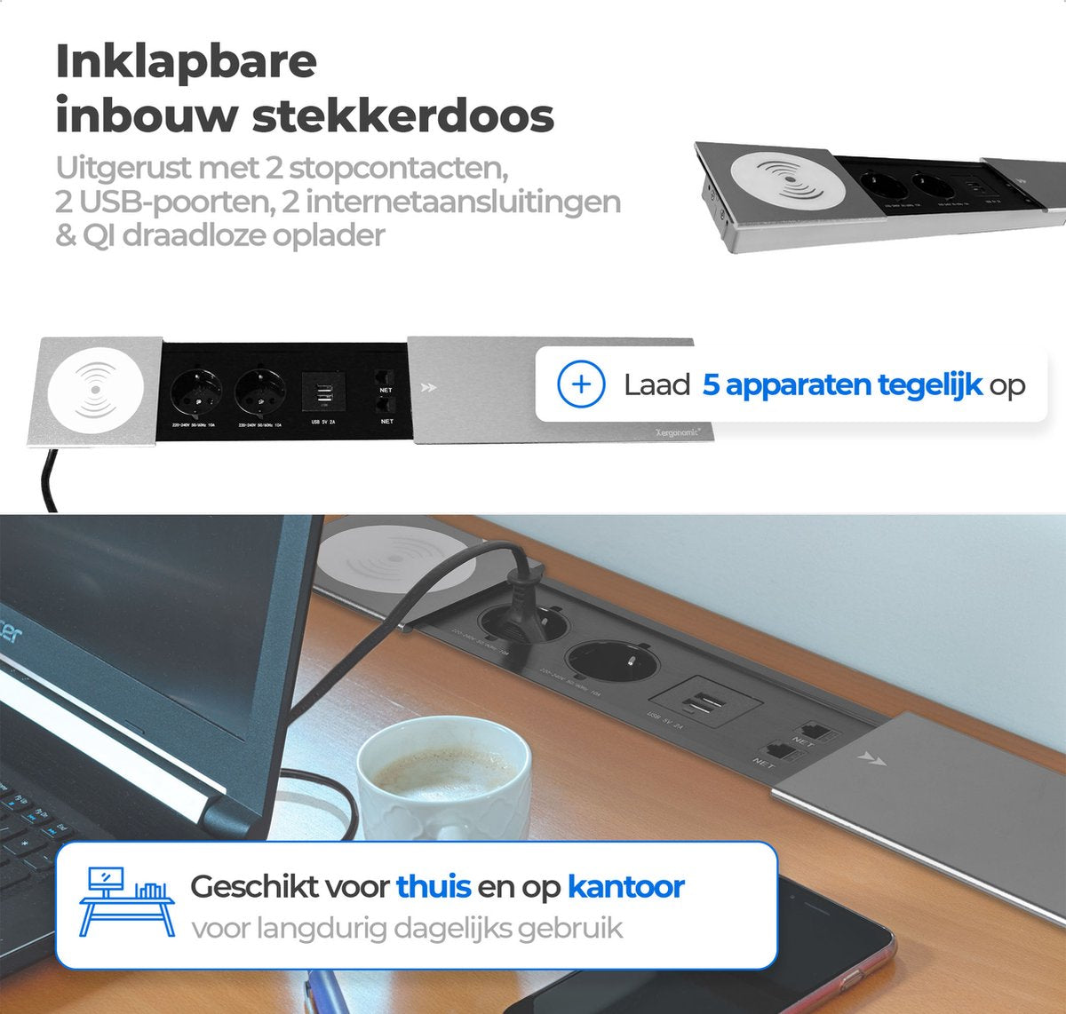 Xergonomic Bureaustopcontact met QI draadloze oplader, 2 internetaansluitingen, 2 stopcontacten en 2 USB-poorten Zilver