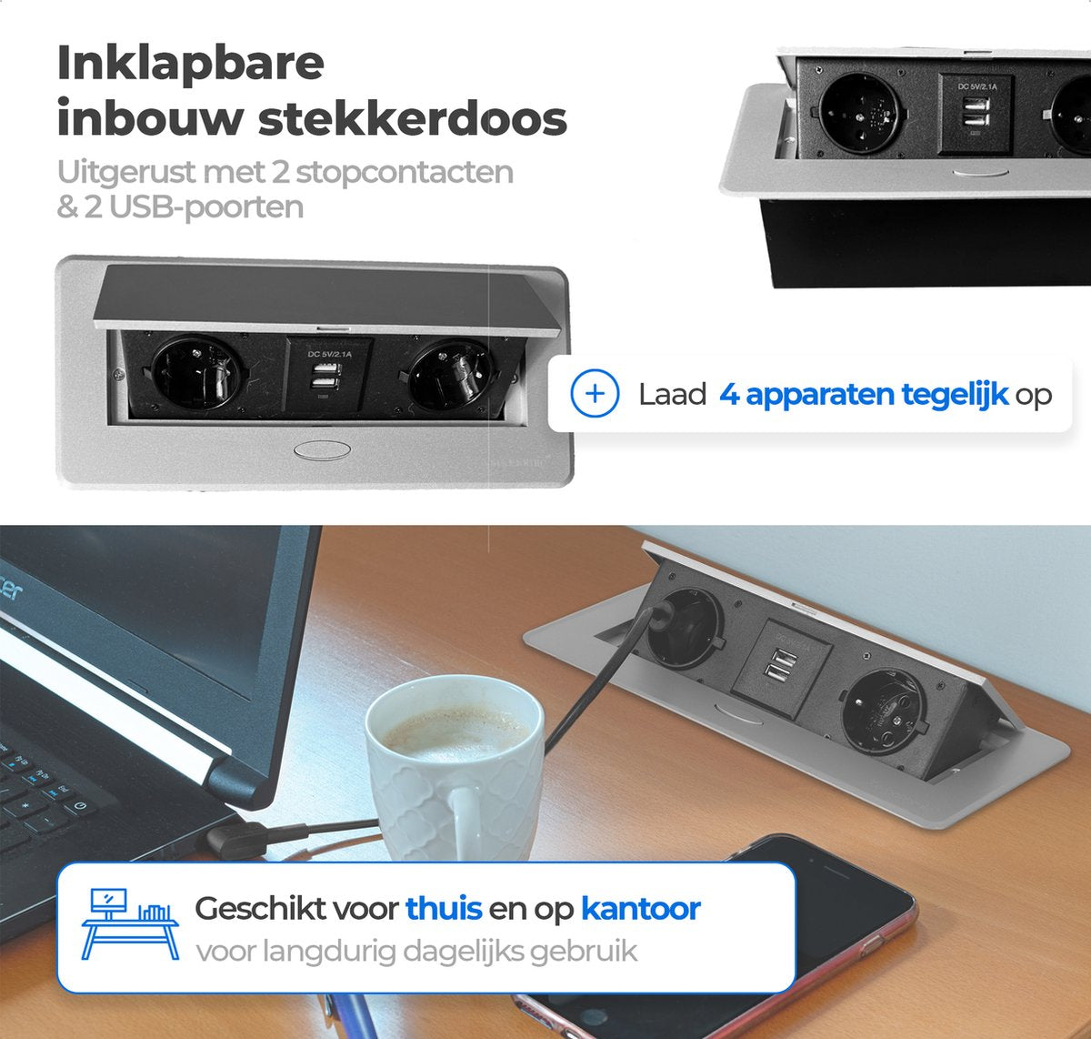 Xergonomic Bureaustopcontact met 2 stopcontacten en 2 USB-poorten Zilver