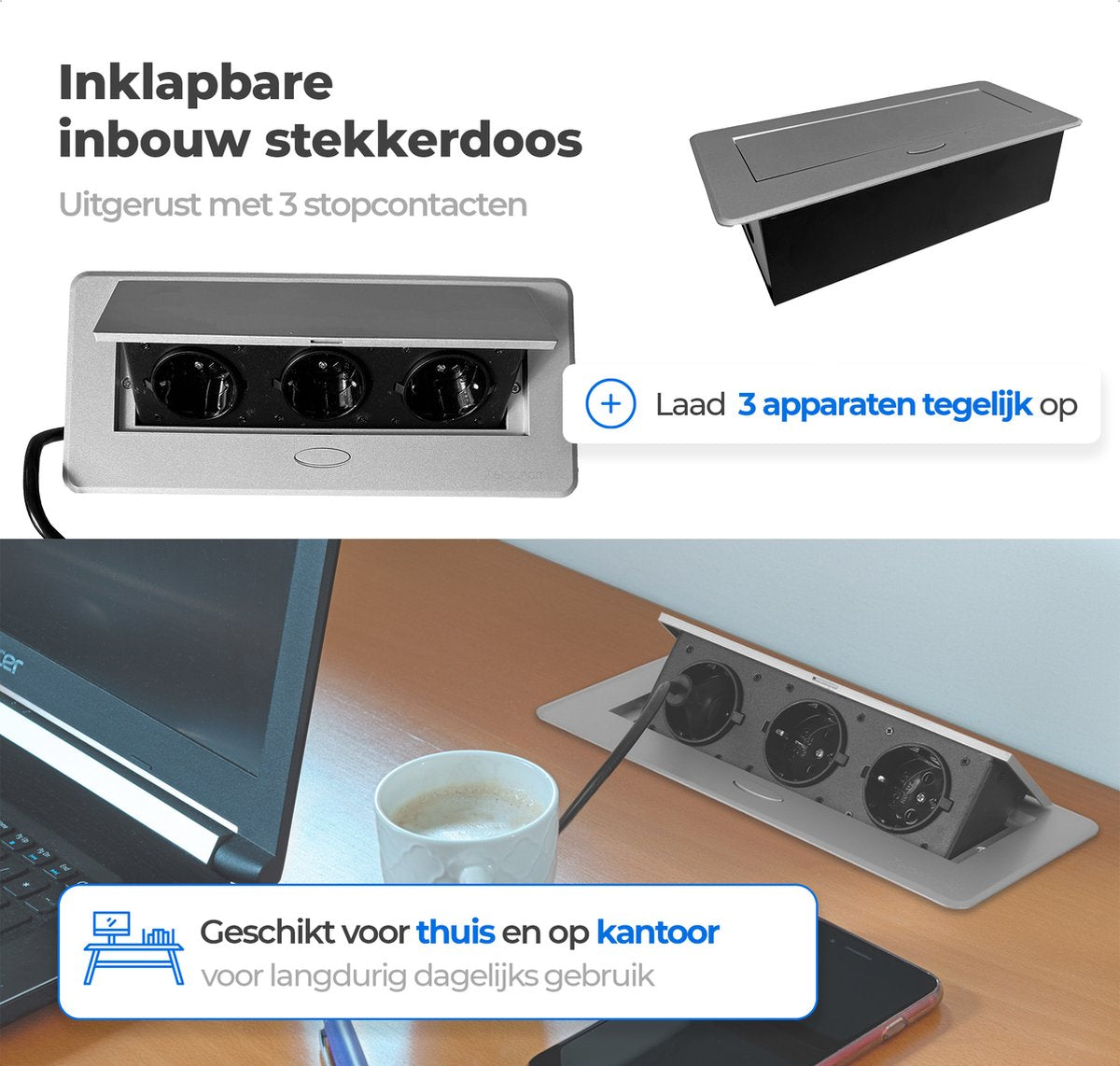 Xergonomic Built-in desk socket for 3 plugs Silver