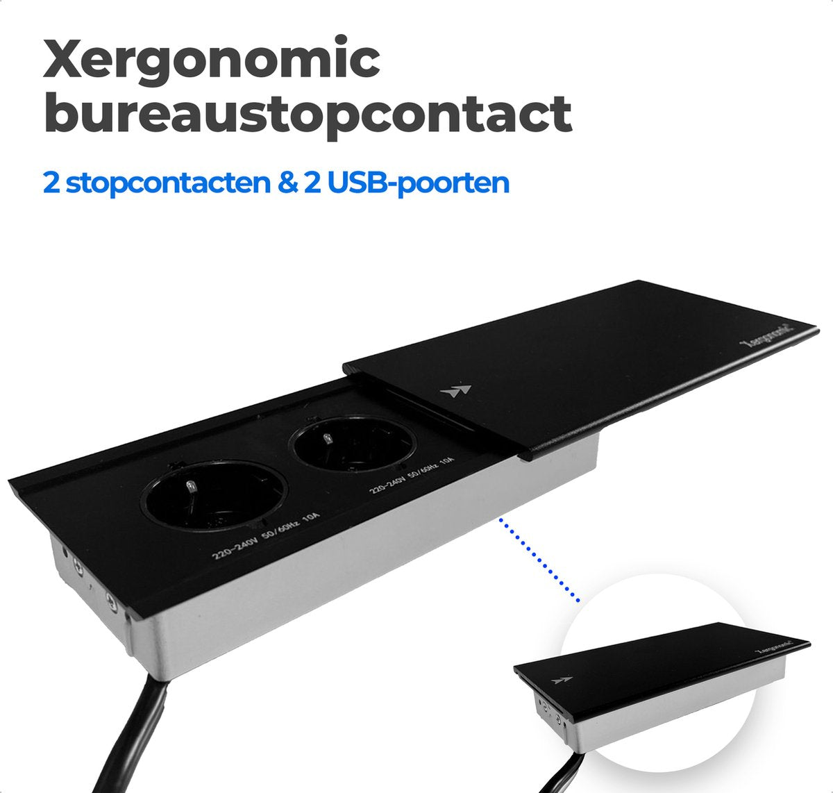 Cache coulissant pour prise de bureau Xergonomic avec 2 prises et 2 ports USB Noir