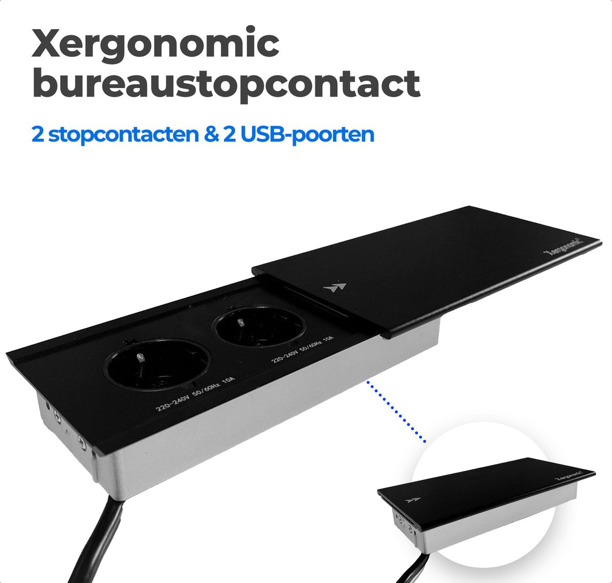 Xergonomic Desk socket sliding cover with 2 sockets and 2 USB ports Black