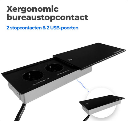 Xergonomic Desk socket sliding cover with 2 sockets and 2 USB ports Black