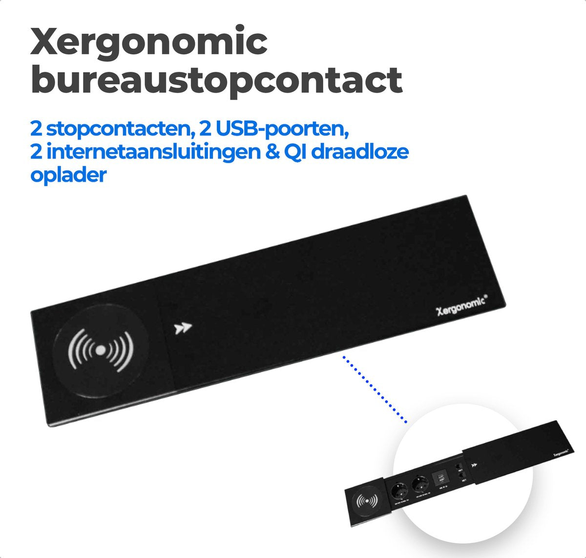 Xergonomic Bureaustopcontact met QI draadloze oplader, 2 internetaansluitingen, 2 stopcontacten en 2 USB-poorten Zwart