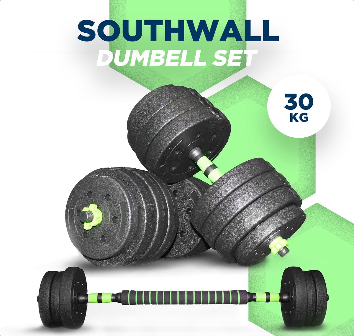 SOUTHWALL Dumbbells set adjustable with barbell up to 30kg Green