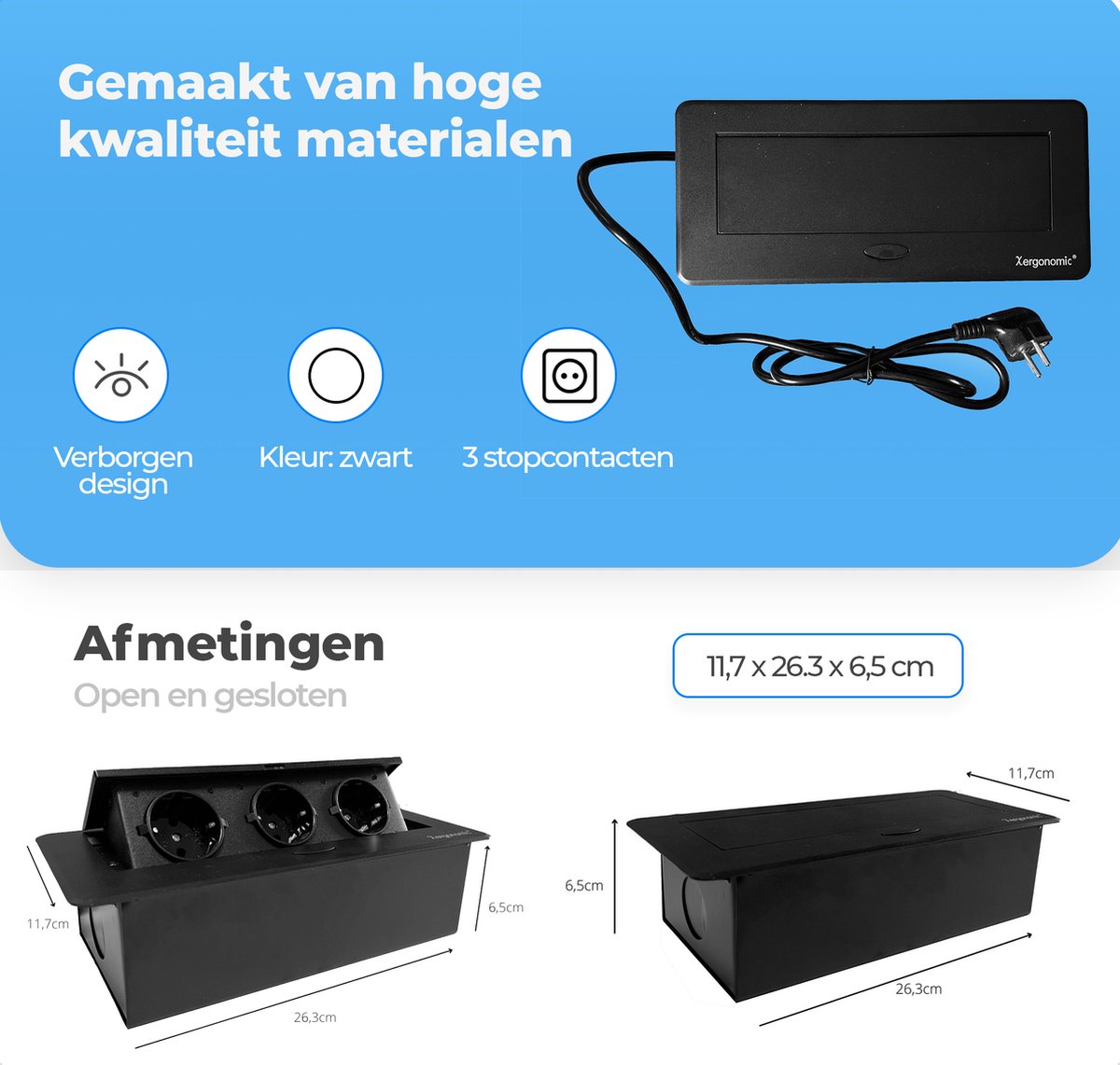 Xergonomic Built-in desk socket for 3 plugs Black