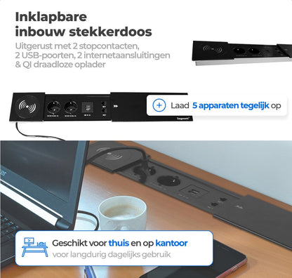 Xergonomic Bureaustopcontact met QI draadloze oplader, 2 internetaansluitingen, 2 stopcontacten en 2 USB-poorten Zwart
