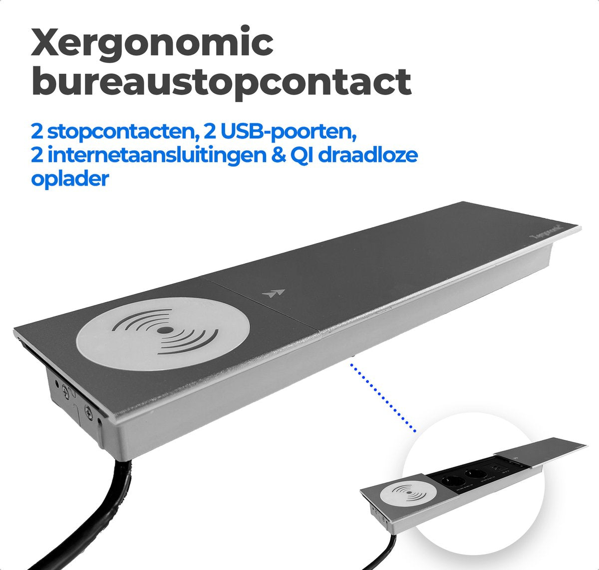 Xergonomic Desk socket with QI wireless charger, 2 internet connections, 2 sockets and 2 USB ports Silver