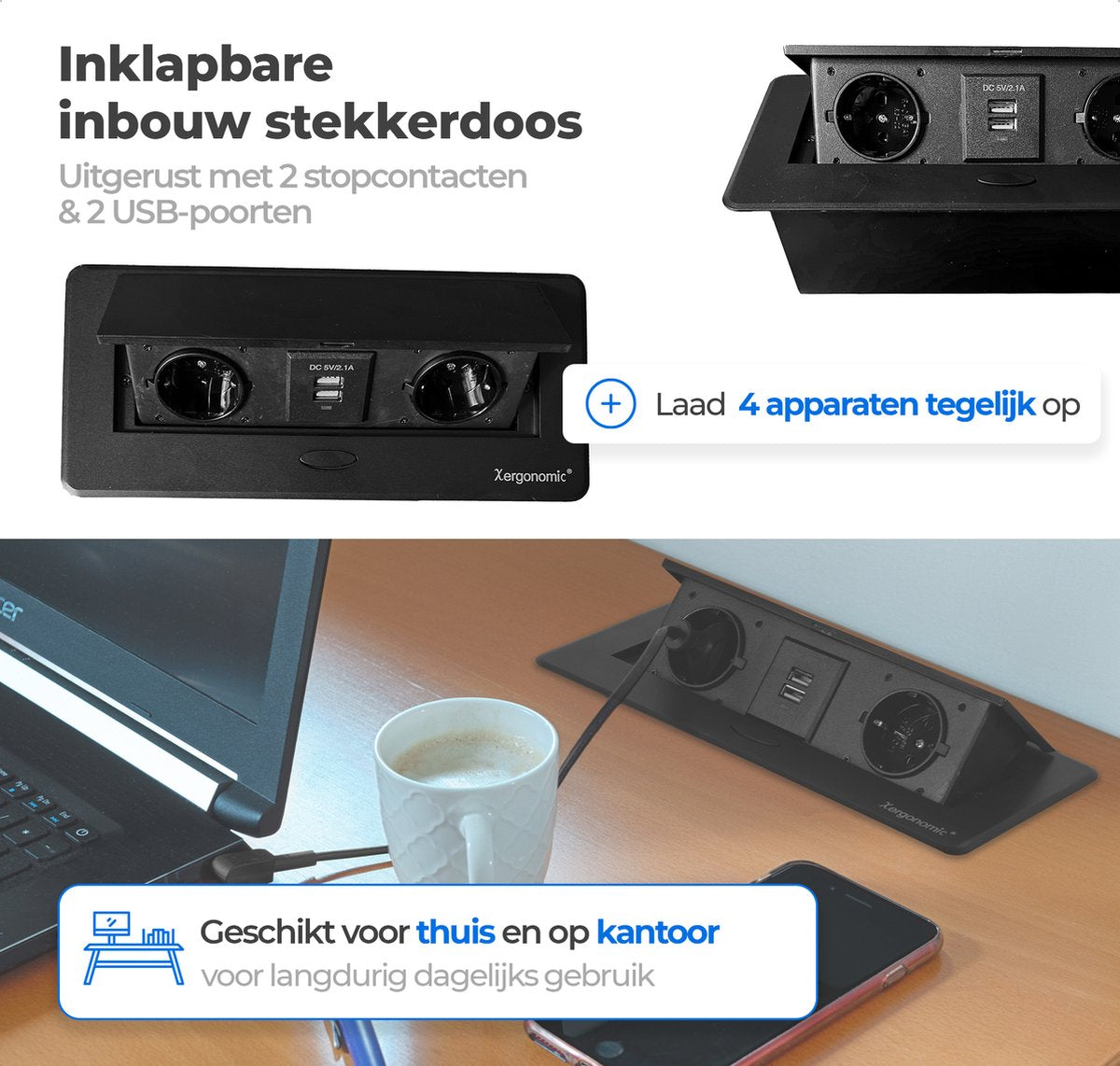 Xergonomic Bureaustopcontact met 2 stopcontacten en 2 USB-poorten Zwart