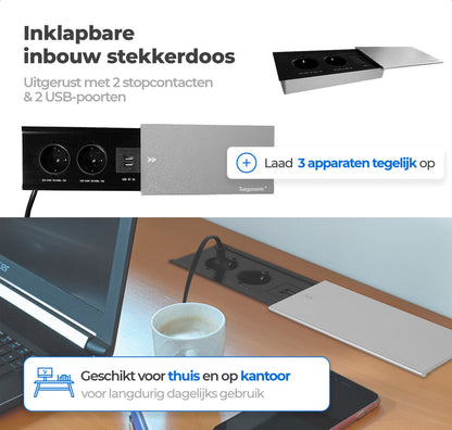 Xergonomic Bureaustopcontact schuifklep met 2 stopcontacten en 2 USB-poorten Zilver