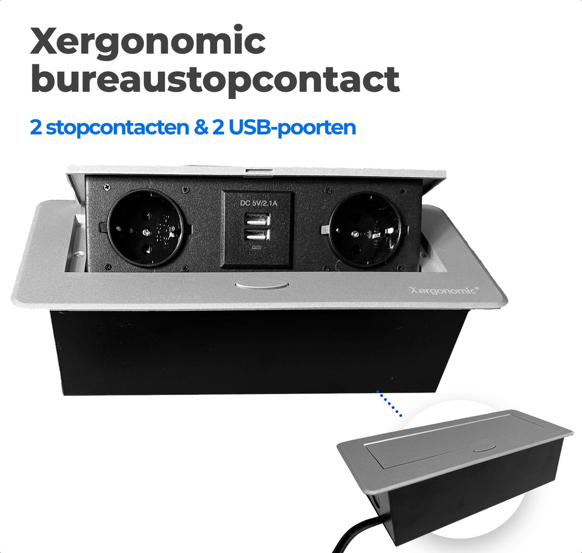 Prise de bureau Xergonomic avec 2 prises et 2 ports USB Argent