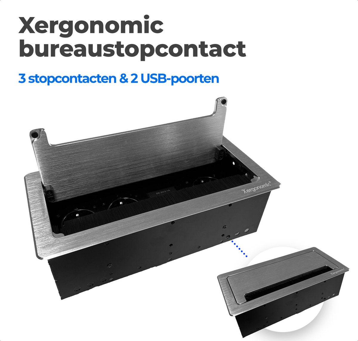 Prise de bureau Xergonomic avec 3 prises et 2 ports USB Argent