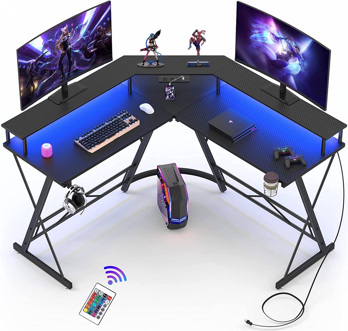 Bureau de jeu Xergonomic - Bureau d'angle - Table de jeu - Table d'ordinateur - Eclairage LED - 2 prises EU &amp; 2 ports USB intégrés - 127 x 127 x 74,4 cm - Noir