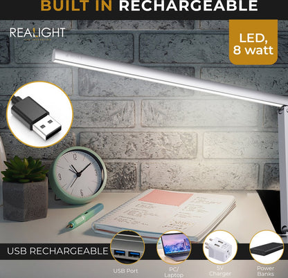 Lampe de bureau LED Realight rechargeable par USB avec 3 couleurs de lumière Argent