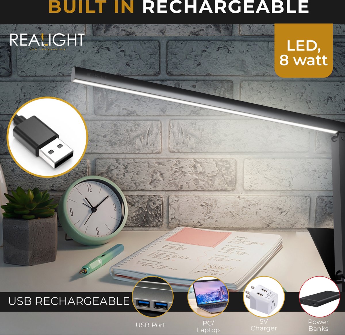 Lampe de bureau LED Realight rechargeable par USB avec 3 couleurs de lumière Noir