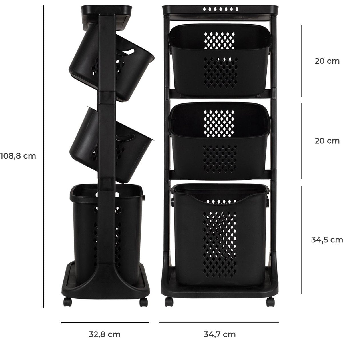 Eleganca Verrijdbare wasmand met drie compartimenten Zwart