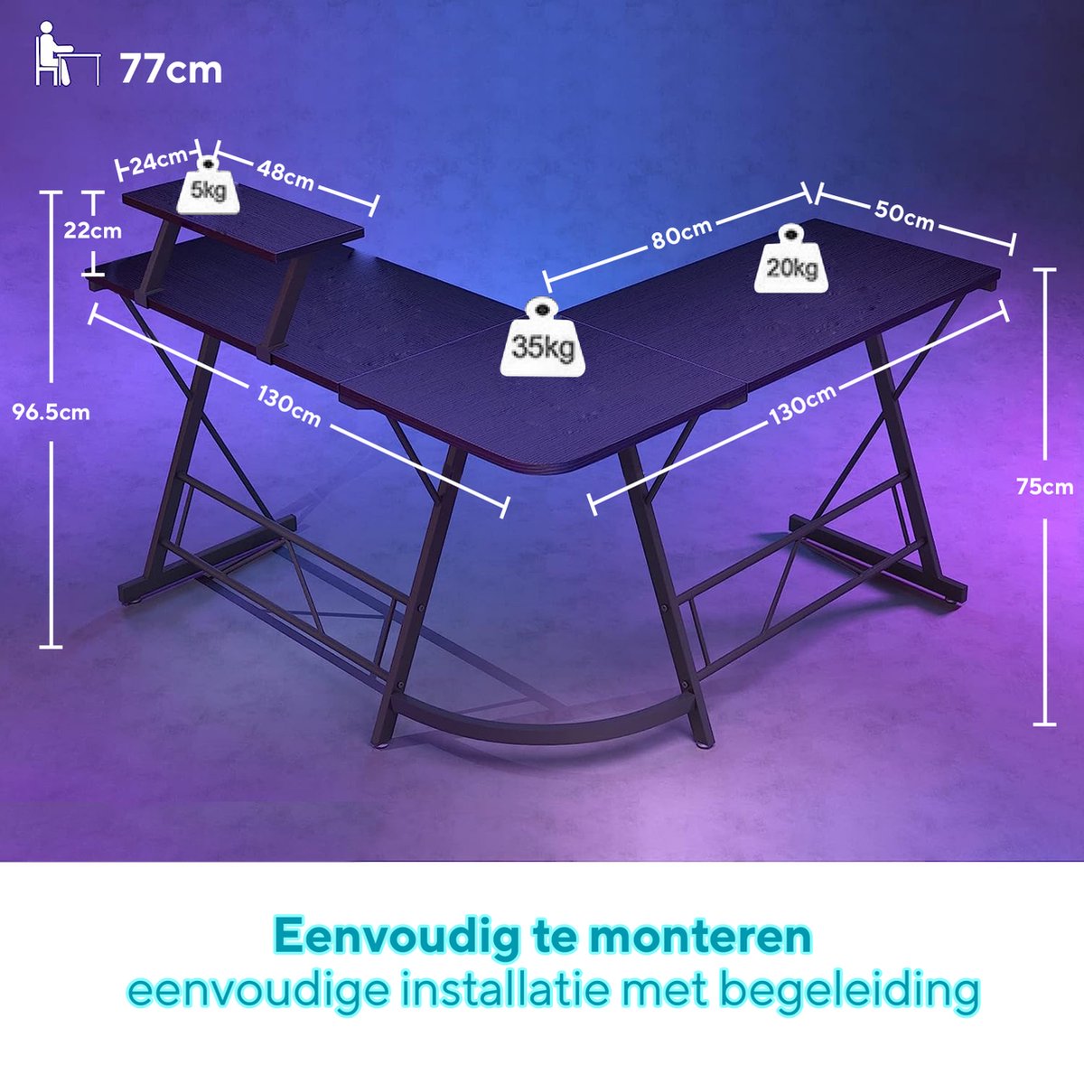 Xergonomic Game bureau - Gaming desk - Game tafel – Hoekbureau – 130 x 130 x 96.5 cm – Zwart