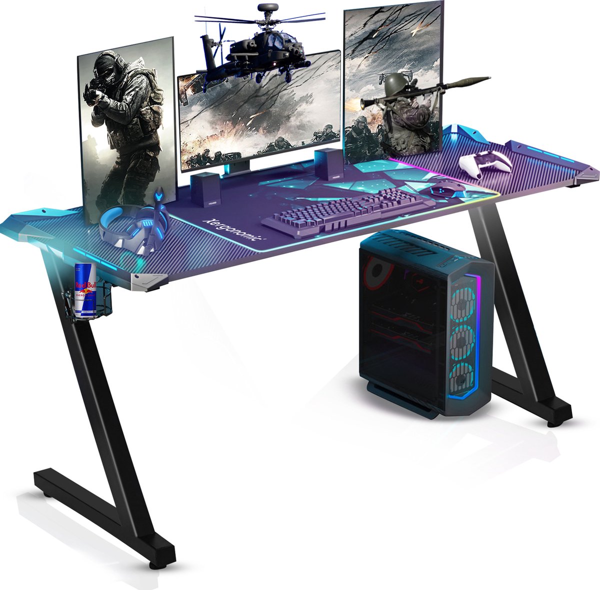 Xergonomic Aurora Game bureau met LED - Gaming desk - Game tafel - B125xH75xL62 cm - Zwart