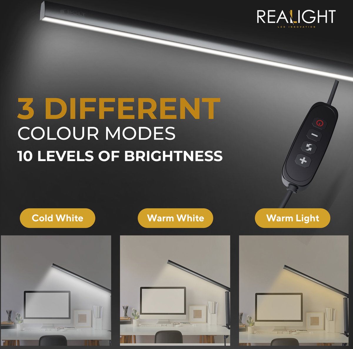 Lampe de bureau LED Realight rechargeable par USB avec 3 couleurs de lumière Noir