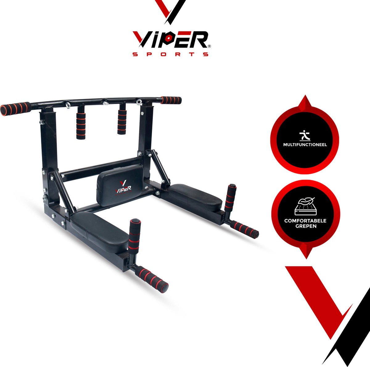 Viper Sports PullPower - Pull Up Bar - Barre de traction - Coussin de dos et d'accoudoirs - Antidérapant - Jusqu'à 120 kg - Métal - Noir/Rouge