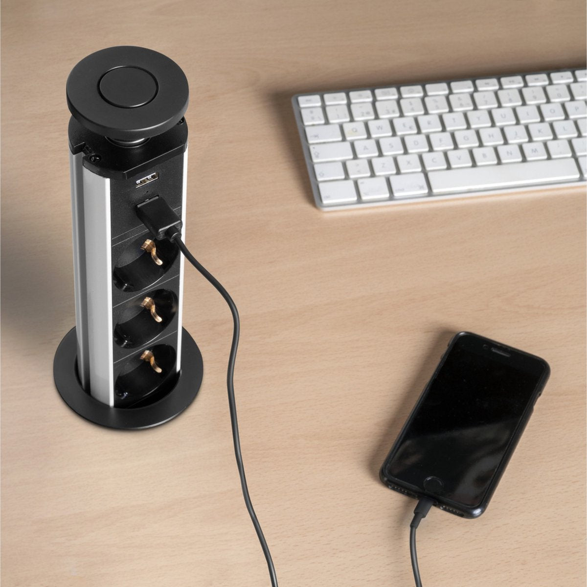 Nancy's Pop-up built-in power strip with 3 sockets and 2 USB charging points
